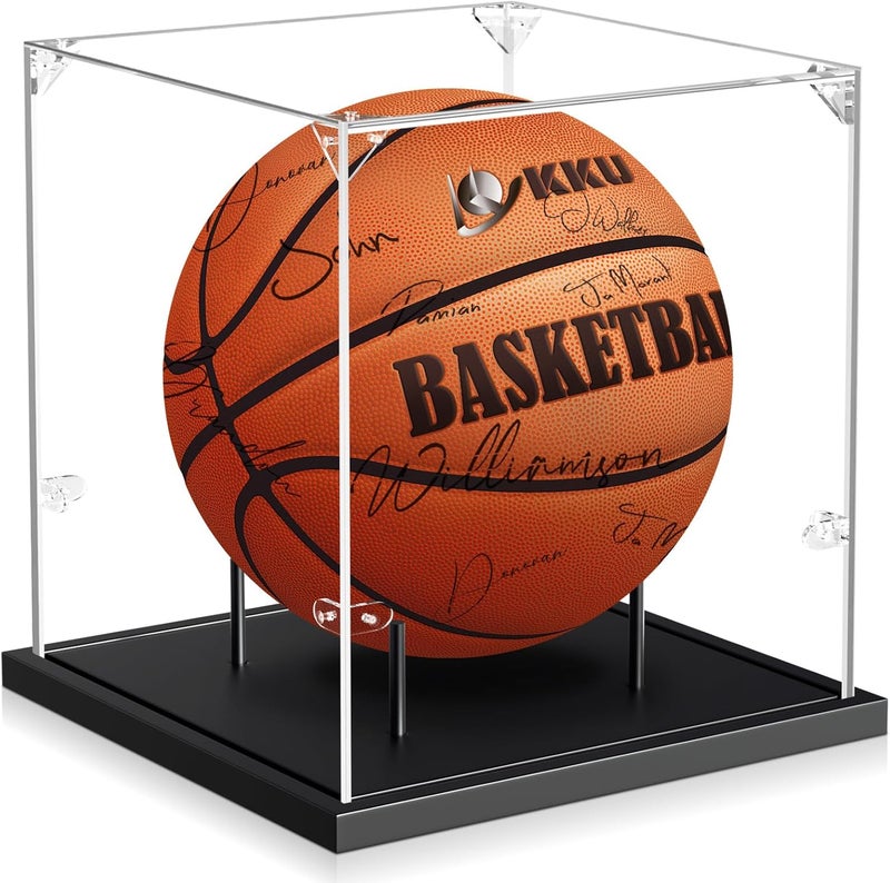 KKU Basketball Display Case, Acrylic Clear Full Size Basketball Case with Solid Wood Base,UV Protected Basketball Display Stand for Autographed Standard NBA WNBA Ball Memorabilia Keepsake, Black - Image 1